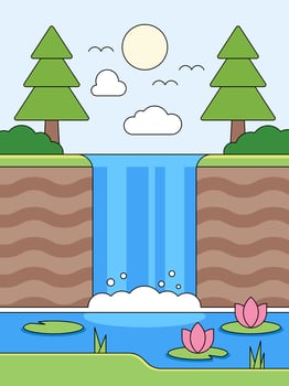Waterfall Paradise, An idyllic landscape of a cascading waterfall surrounded by lush greenery, with stylized elements like trees, sun, clouds, and water lilies. vector