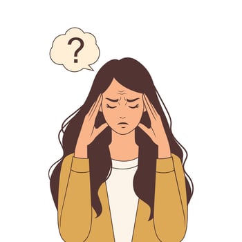 Stressed Woman Suffering from Overthinking and Worry, cartoon illustration, mental health concept vector