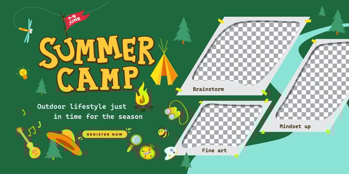 Creative summer camp poster with forest background paper frame layout and playful icons Perfect for kids events school activities and educational promotions vector