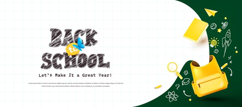 Bright back to school layout with yellow backpack notebook grid and chalkboard elements ideal for school promotions and learning projects vector