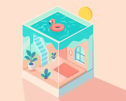 A whimsical illustration showcases a serene oasis with a charming indoor pool and a whimsical flamingo float, perfect for a relaxing and imaginative escape. vector