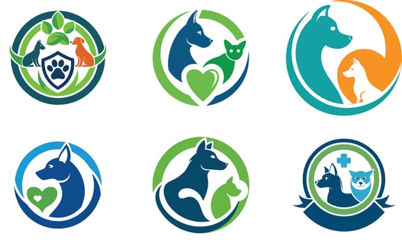 Six Pet Care Logos Dogs Cats Green Blue Teal Orange for your design vector
