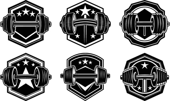 Six barbell weightlifting logo designs strong fitness gym symbols, vector