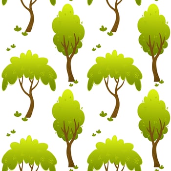 Seamless pattern with two stylized green trees repeating on a white background. Flat cartoon forest illustration. Nature and environment concept. Design for wallpaper, textile, poster and print. vector