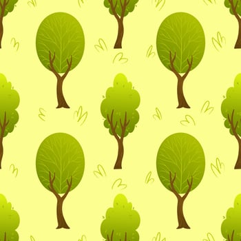Seamless pattern with stylized green trees featuring oval and rounded foliage on light yellow background. Flat cartoon forest illustration. Nature concept. Design for wallpaper, textile, print and vector