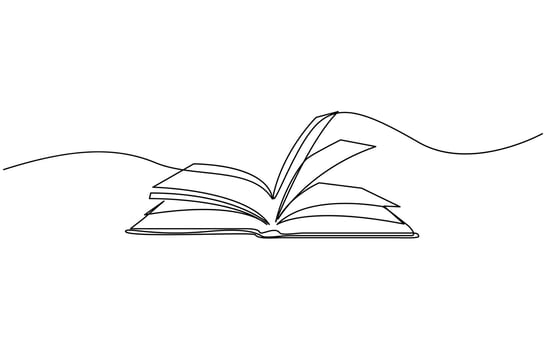 Continuous one line drawing of opened book. One line drawing illustration of book open, One line drawing illustration of book open. Education, idea, school concept single line. Editable stroke. vector