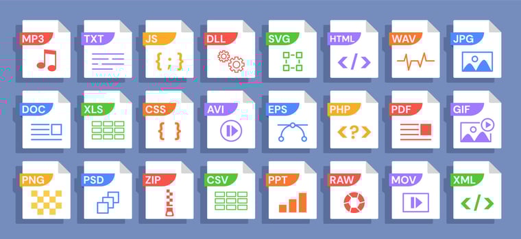 File format icons with various format labels PDF, JPG and MP3, HTML and ZIP, PHP and SVG, EPS and , . Symbols for file types with document extension. set vector