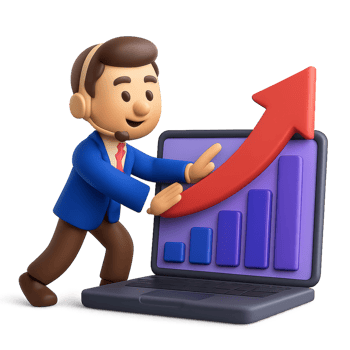 3D Business Assistant Presenting Growth Metrics on Laptop Graph png