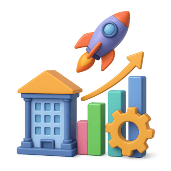 3D Illustration of Business Growth with Rocket and Graph Elements png