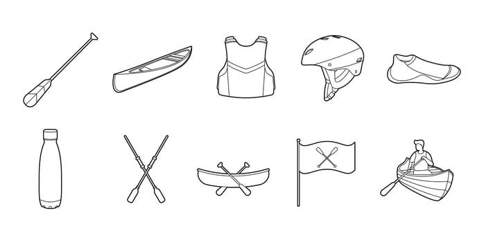 Canoeing Items Equipment Outli Illustration Sete vector