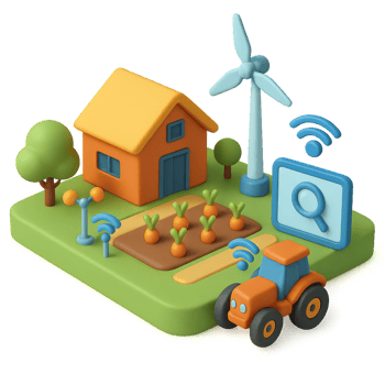 Colorful 3D Smart Farm with Tractor Wind Turbine Elements png