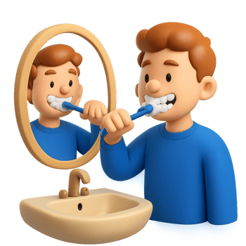 Cartoon Character Brushing Teeth in Front of a Mirror png