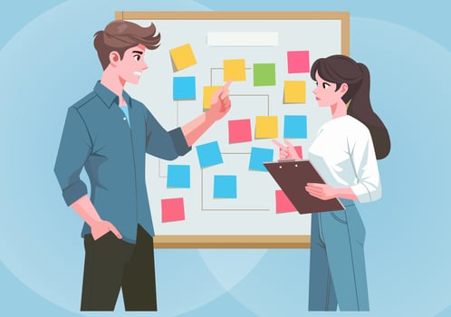 Men and women plan their business on a board. vector