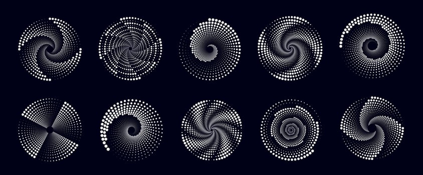 Set of white halftone dotted circles. Illustration of abstract white spiral circles with dots isolated on dark background. Circular logo. Poster. Banner. Design element. vector