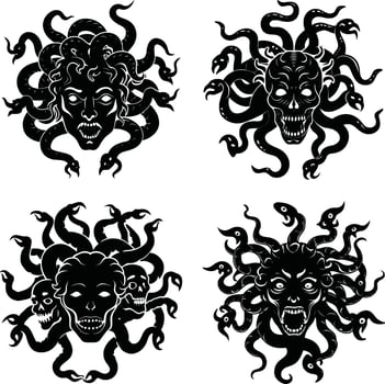 Medusa heads and skulls black and white illustration set vector
