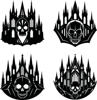 Spooky gothic castle silhouettes with skulls illustration set for halloween vector