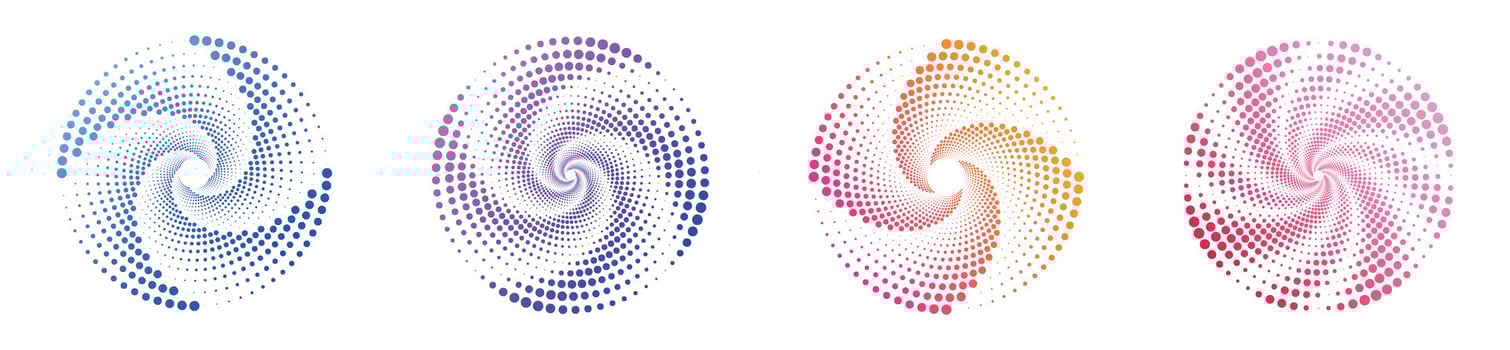 Set of colored halftone dotted circles. Illustration of abstract colored gradient spiral circles with dots isolated on white background. Cycle emblem. Poster. Banner. vector