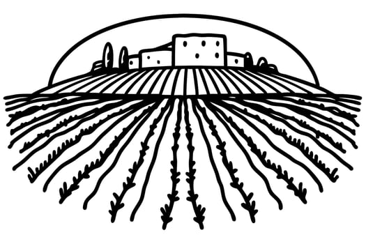 Scenic farm landscape illustration fields with rural horizon and farmhouse in the distance vector