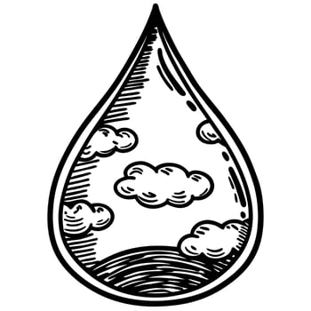 Raindrop encapsulating sky and landscape in line art illustration vector