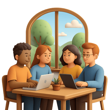 Group of Friends Collaborating at Table by Window in Simple Setting png