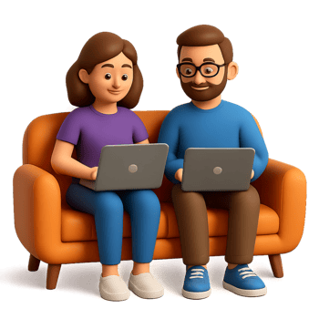 Cozy Remote Work Vibes with Couple on Sofa Engaged in Laptops png