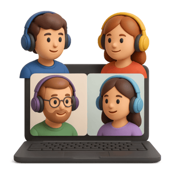 Virtual Meeting with Cartoon Characters Wearing Headphones png