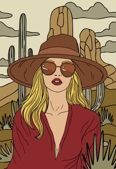 Fashion woman cowboy wild west poster. Cowgirl on western landscape background vector