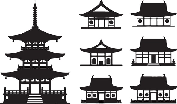 Japanese temple silhouettes architectural designs pagoda vector