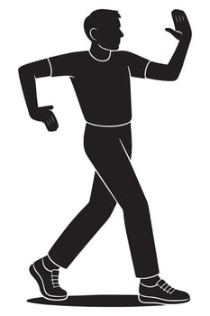 Silhouette of a man doing a sharp robotic dance pose with stiff arms bent at angles, dancing silhouette vector