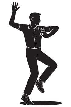 Silhouette of a man doing a salsa-style pose with one hand raised and one foot tapping, dancing silhouette vector