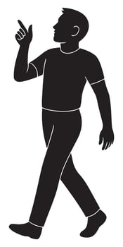 Silhouette of a man snapping fingers above shoulder while stepping forward., action silhouette vector