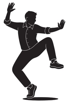 Silhouette of a man with knees bent and arms lifted rhythmically in a hip-hop move, action silhouette vector