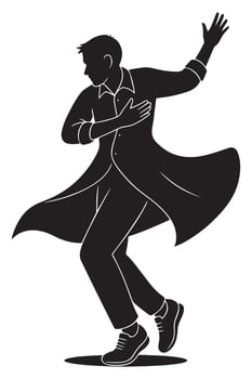 Silhouette of a man mid-twirl with coat or fabric implied flowing with motion, dancing silhouette vector