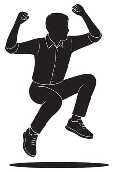 Silhouette of a man jumping with both knees bent and fists raised, action silhouette vector