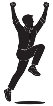 Silhouette of a man throwing both arms up in a powerful jump or celebration, action silhouette vector