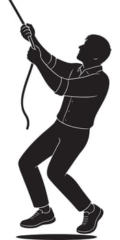 Silhouette of a man holding an invisible rope with both hands and pulling it down hard, action silhouette vector