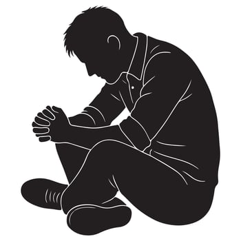 Silhouette of a man sitting hunched forward with hands clasped tightly, man in deep thought vector