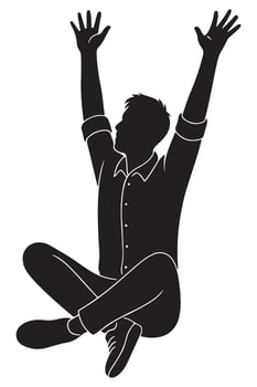 Silhouette of a man sitting with arms reaching upward in a big stretch, excited man silhouette vector