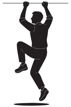 Silhouette of a man climbing upward with one knee lifted and arms pulling, action silhouette vector