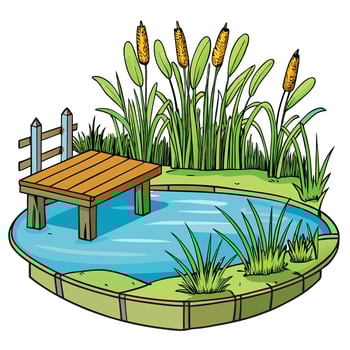 Cottagecore a wooden bridge over a pond with reeds and grass vector