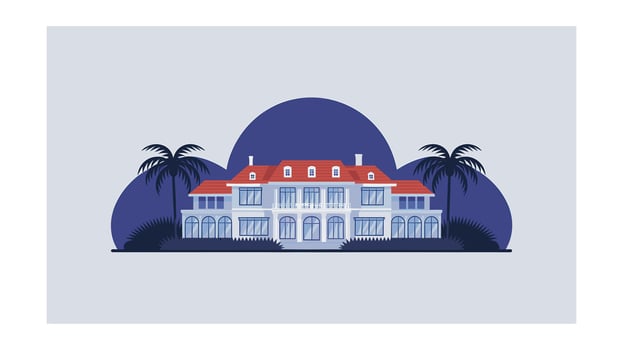 Mediterranean style mansion with palm trees at night vector