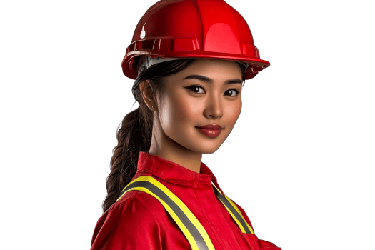 Asian worker poses with red safety helmet, cut out transparent png