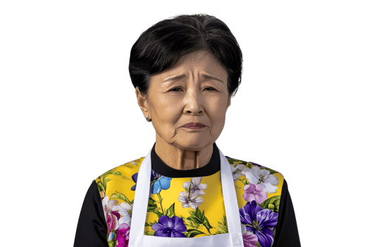 Sad Asian elderly woman wearing floral apron, cut out transparent png