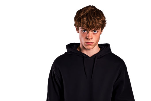 Stern young man wearing black hooded sweatshirt, cut out transparent png