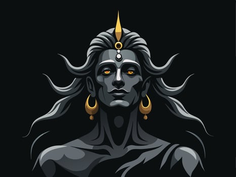 Illustrative portrait of the hindu god shiva with gold adornments and dark themed background vector