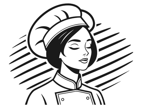 Elegant black and white illustration of a female chef in a classic uniform and hat perfect for restaurants. vector