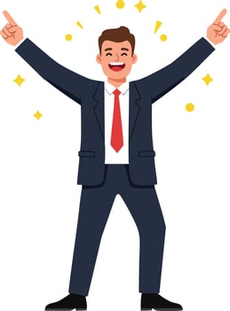 Businessman celebrating success with raised arms in dark suit and red tie illustration cheerful energetic confident vector