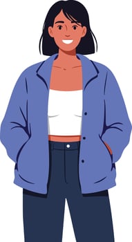 Young woman wearing blue jacket and white crop top standing with hands in pockets smiling vector