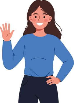 Smiling woman waving hand wearing blue sweater and black pants illustration friendly gesture vector