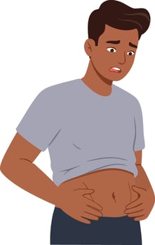 Worried man examining stomach fat and body shape with concern illustration vector